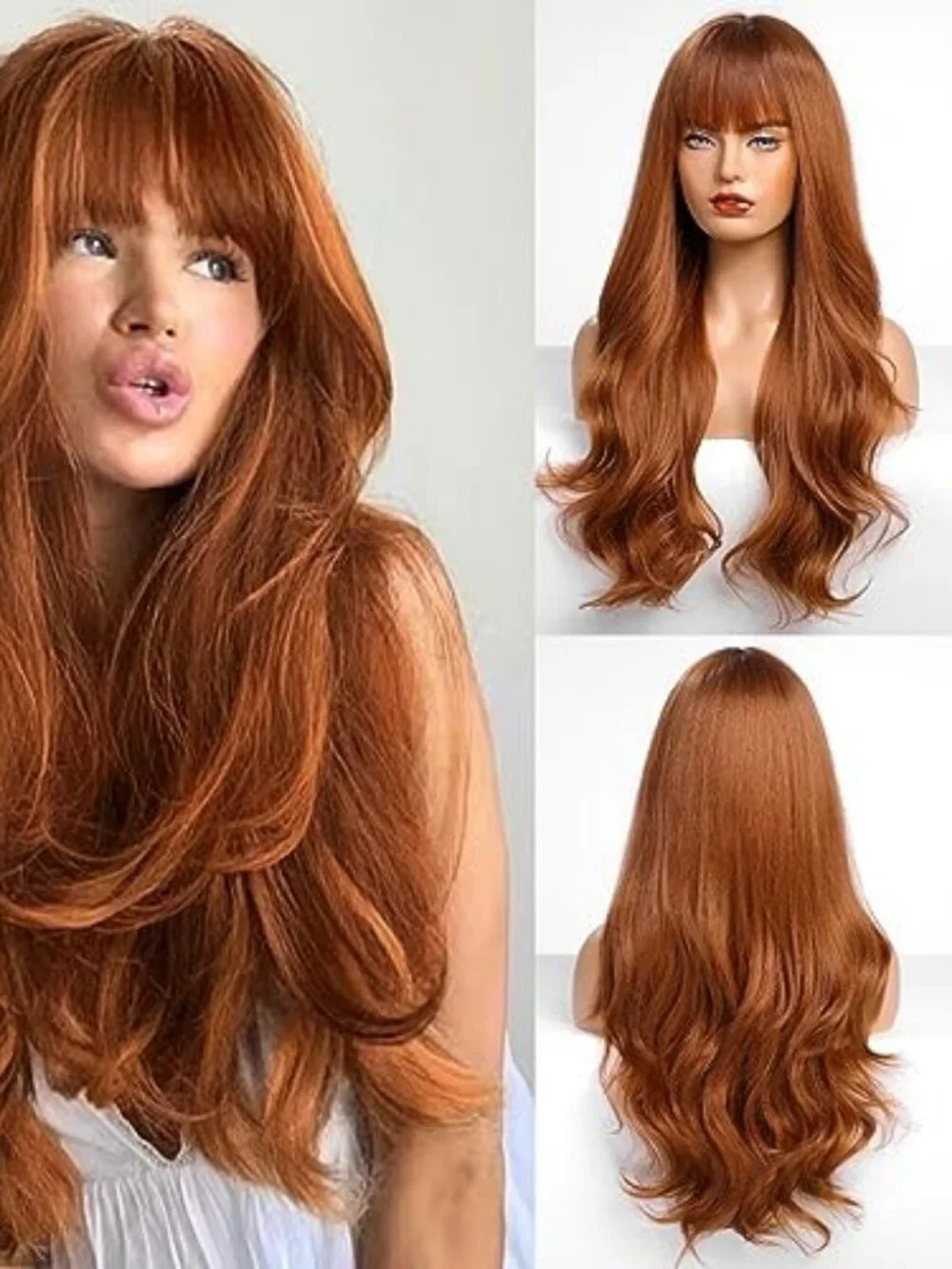 Auburn Wig with Bangs for Women Auburn Long Wavy Hair Wig Curly Wavy Synthetic